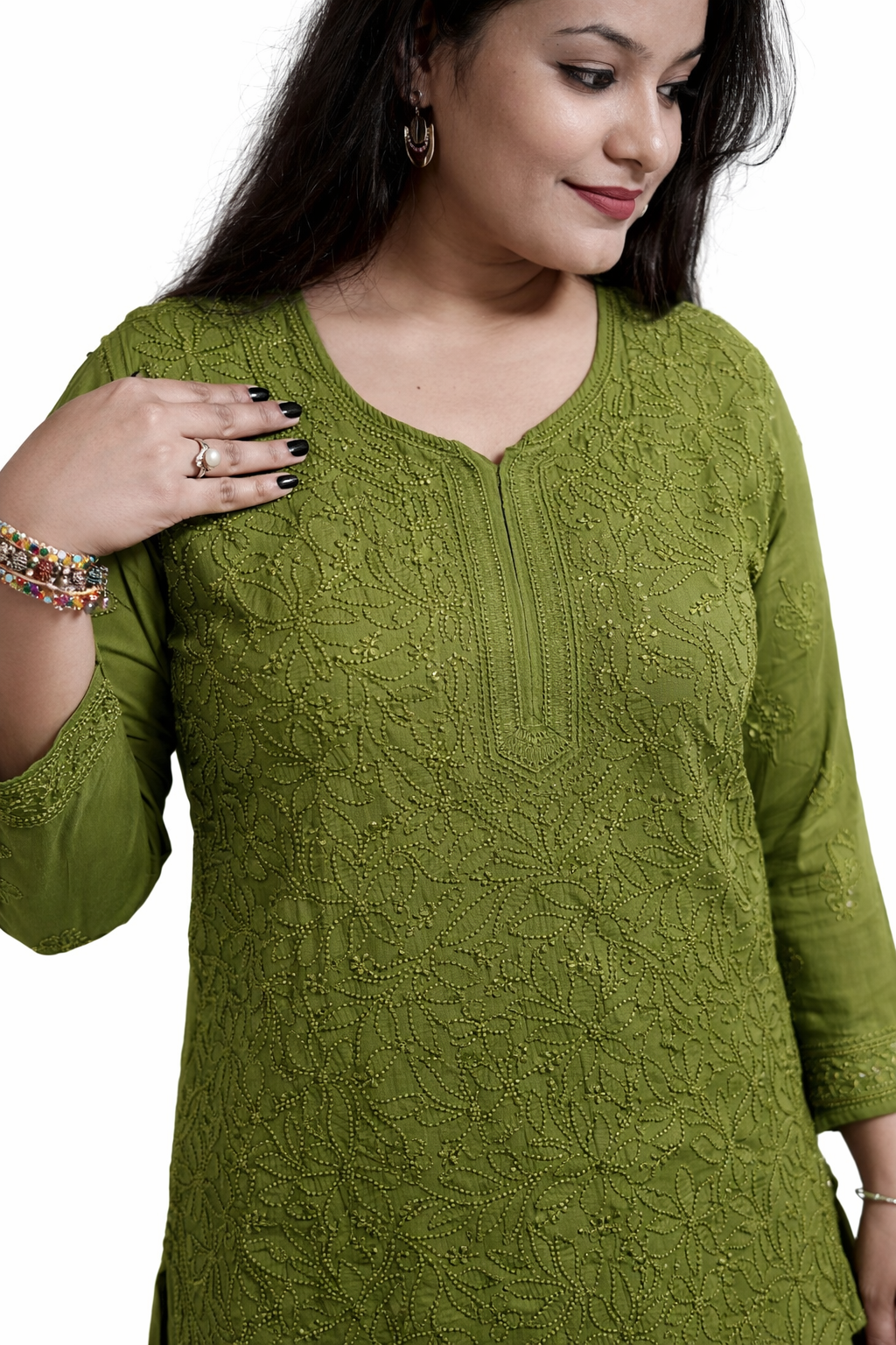 Olive Green Viscose Hand-Embroidered Chikankari Kurta Palazzo Dupatta Set | Varnika Exclusive Chikan