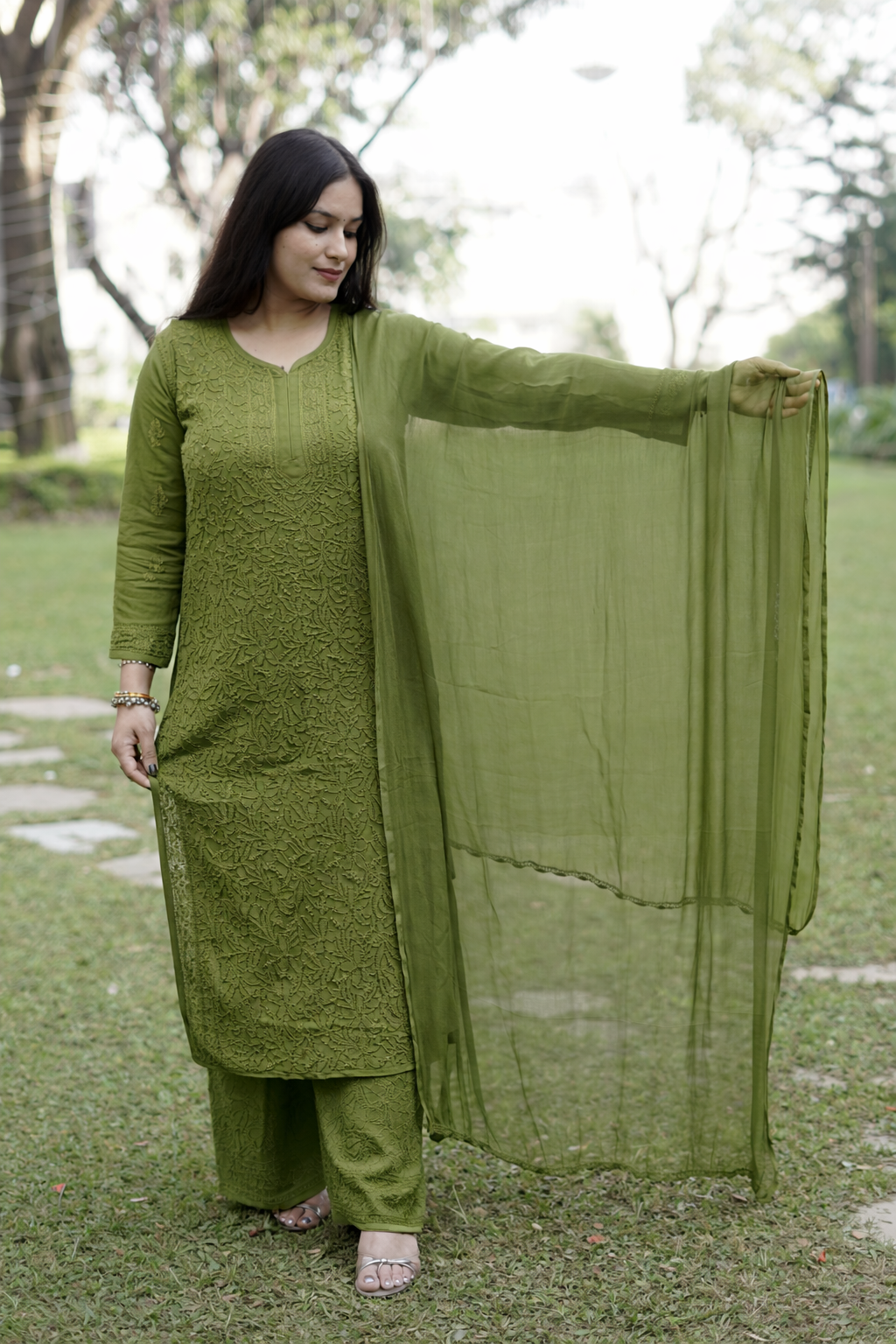 Olive Green Viscose Hand-Embroidered Chikankari Kurta Palazzo Dupatta Set | Varnika Exclusive Chikan