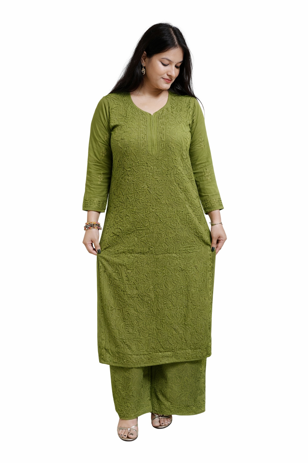 Olive Green Viscose Hand-Embroidered Chikankari Kurta Palazzo Dupatta Set | Varnika Exclusive Chikan