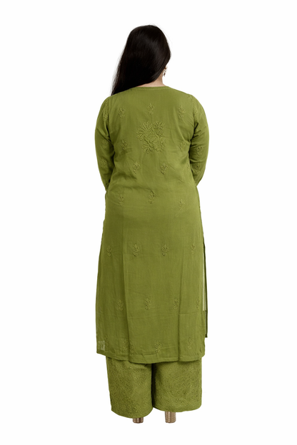 Olive Green Viscose Hand-Embroidered Chikankari Kurta Palazzo Dupatta Set | Varnika Exclusive Chikan