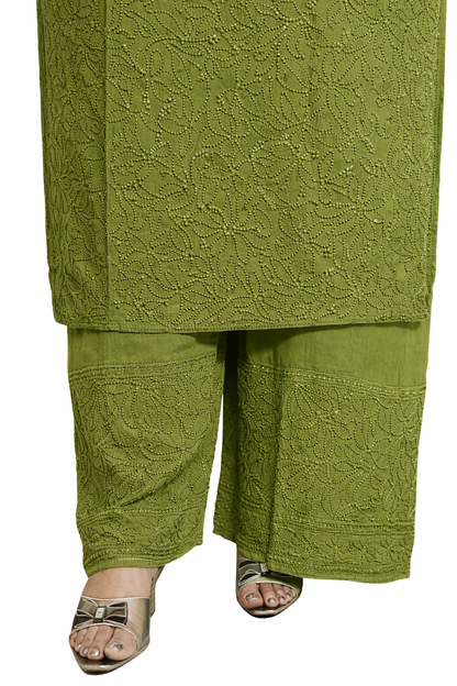 Olive Green Viscose Hand-Embroidered Chikankari Kurta Palazzo Dupatta Set | Varnika Exclusive Chikan