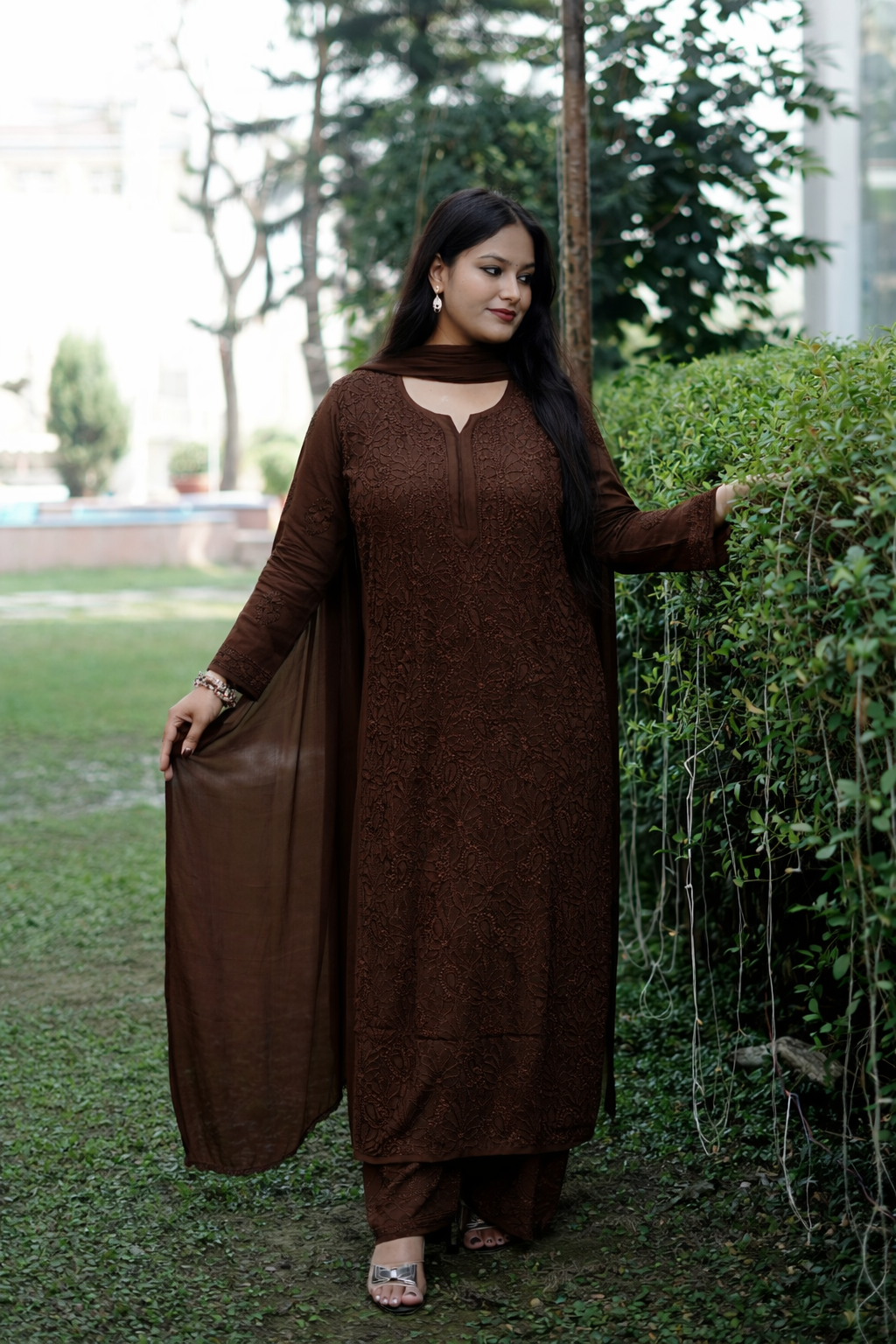 Dark Brown Viscose Hand-Embroidered Chikankari Kurta Palazzo Dupatta Set | Varnika Exclusive Chikan