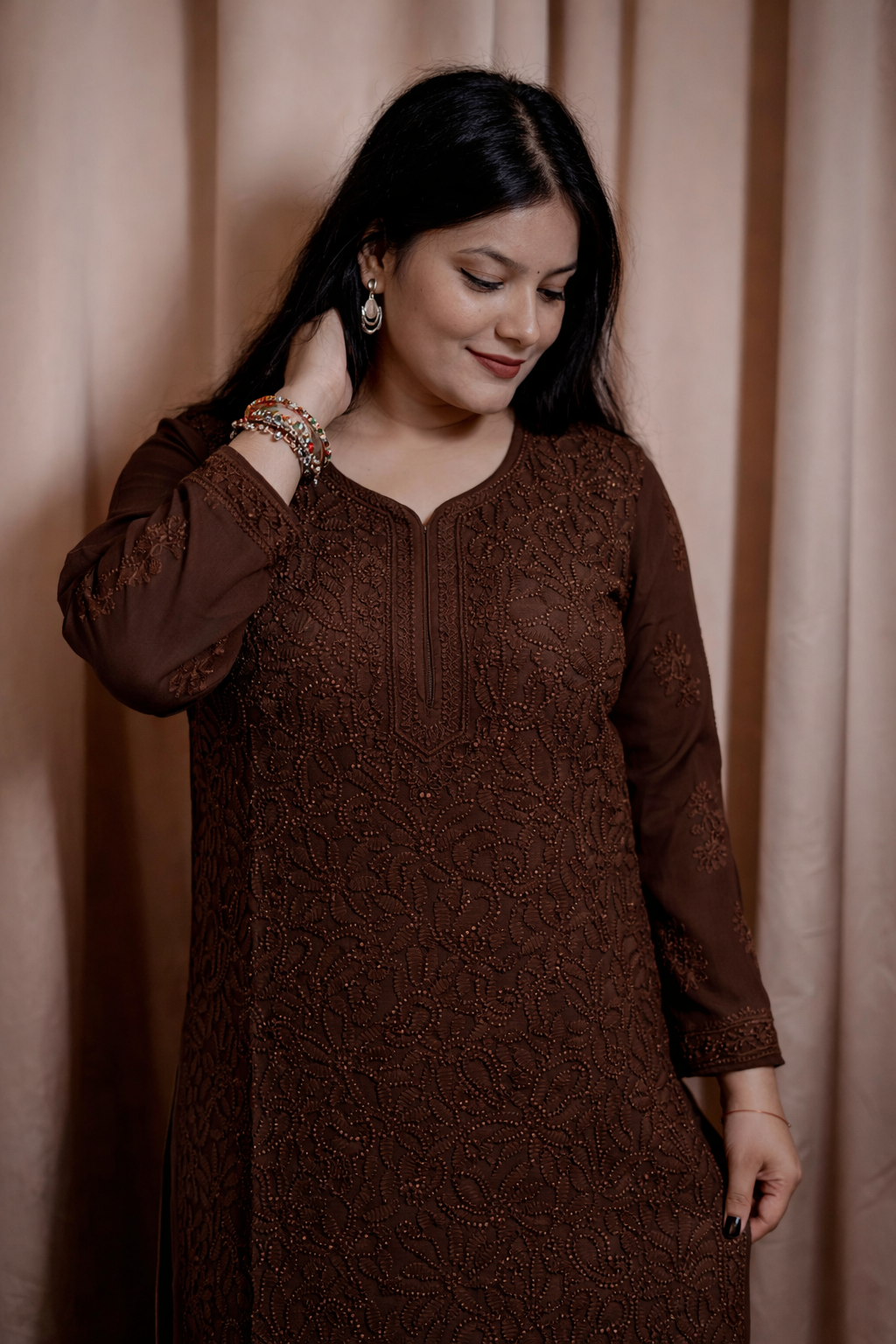 Dark Brown Viscose Hand-Embroidered Chikankari Kurta Palazzo Dupatta Set | Varnika Exclusive Chikan