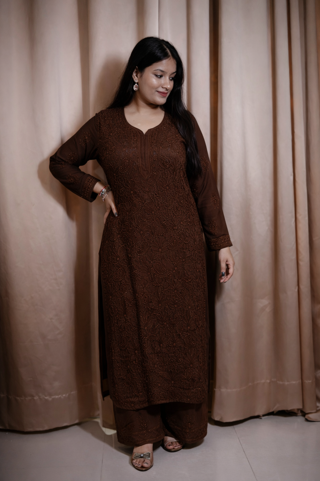 Dark Brown Viscose Hand-Embroidered Chikankari Kurta Palazzo Dupatta Set | Varnika Exclusive Chikan