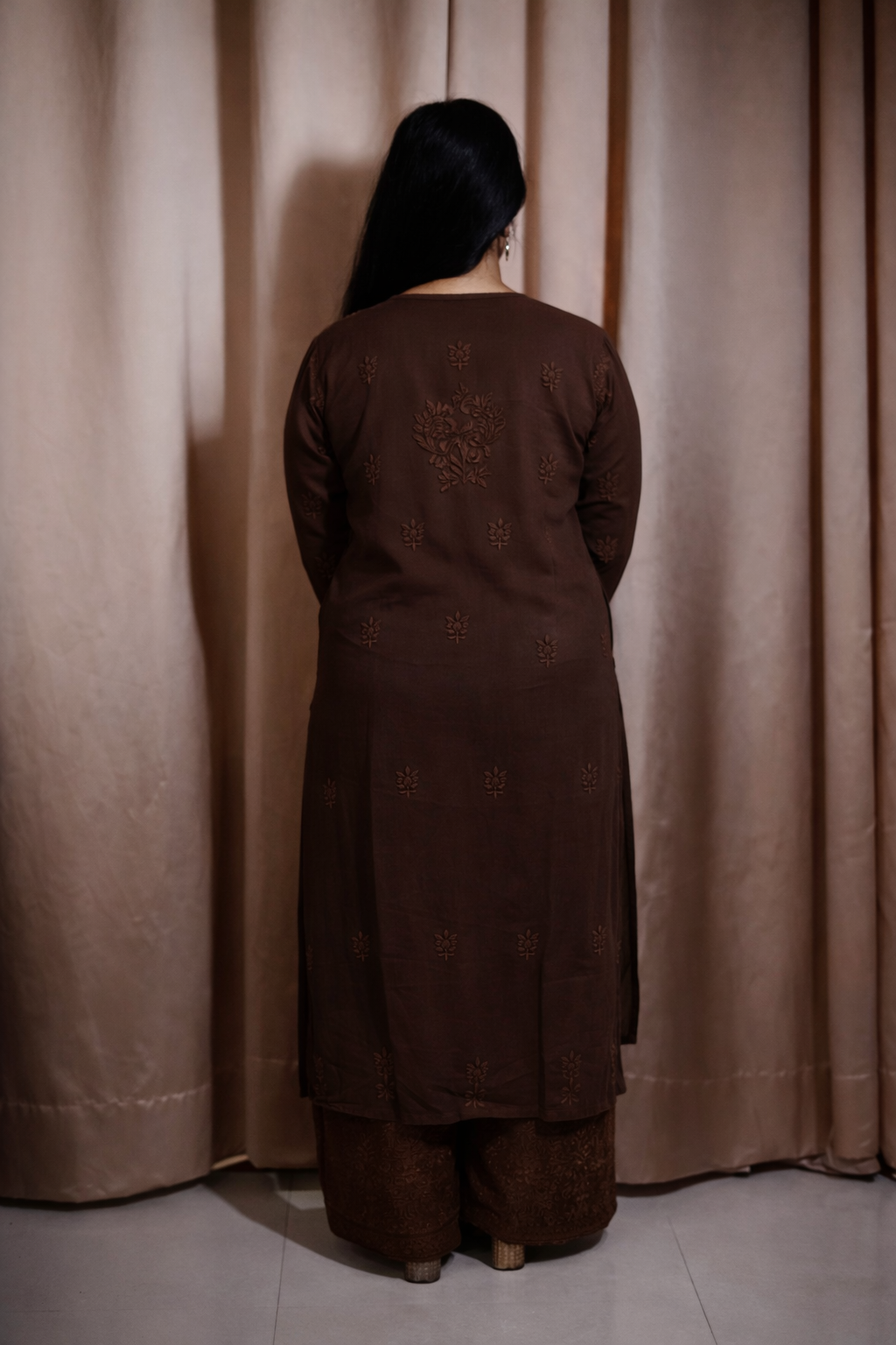 Dark Brown Viscose Hand-Embroidered Chikankari Kurta Palazzo Dupatta Set | Varnika Exclusive Chikan