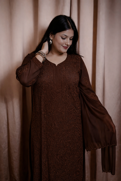 Dark Brown Viscose Hand-Embroidered Chikankari Kurta Palazzo Dupatta Set | Varnika Exclusive Chikan