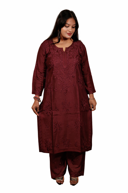 Maroon Masleen Kurta Palazzo Dupatta Set  | Handcrafted Chikankari Kurti & Palazzo Set | Varnika Exclusive Chikan