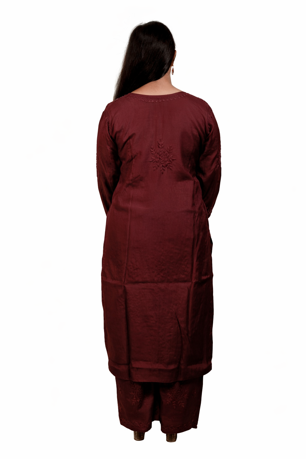 Maroon Masleen Kurta Palazzo Dupatta Set  | Handcrafted Chikankari Kurti & Palazzo Set | Varnika Exclusive Chikan