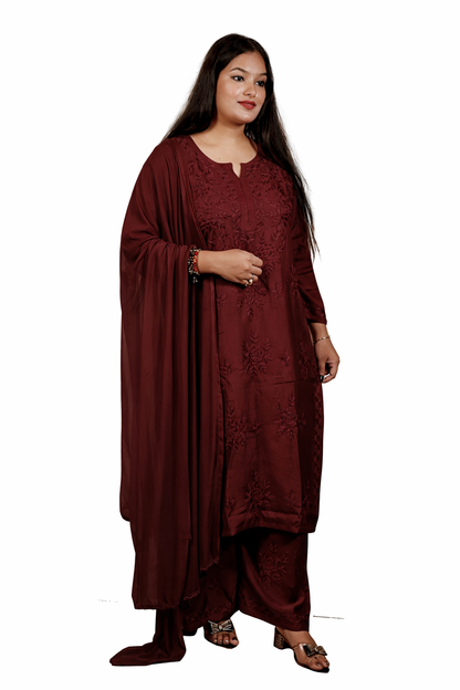 Maroon Masleen Kurta Palazzo Dupatta Set  | Handcrafted Chikankari Kurti & Palazzo Set | Varnika Exclusive Chikan