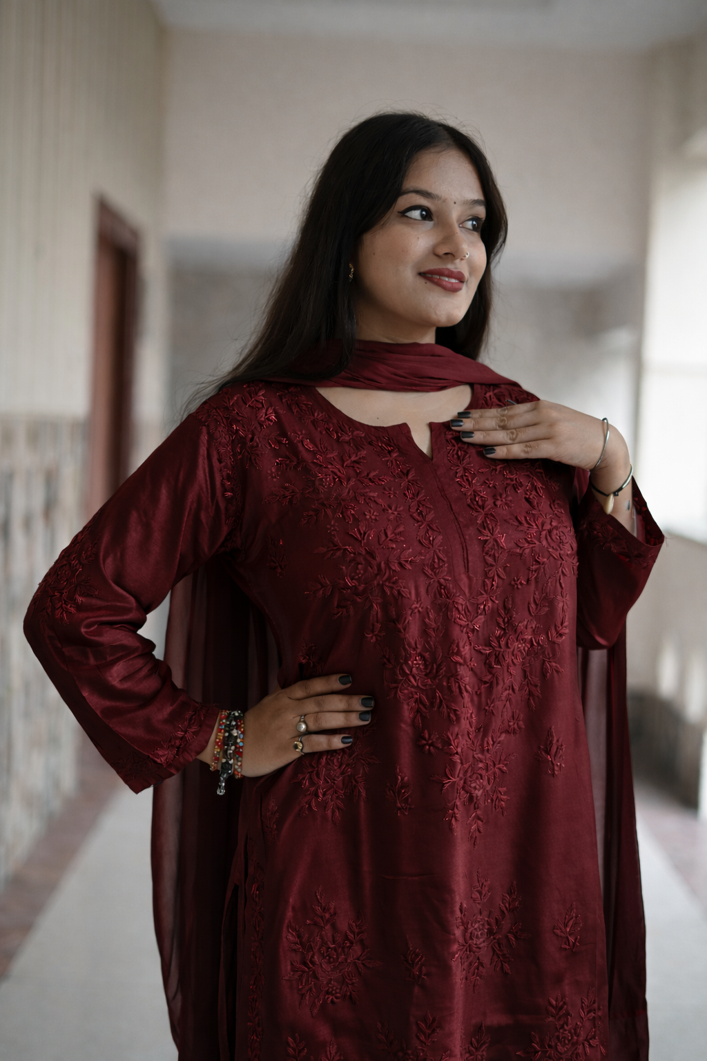 Maroon Masleen Kurta Palazzo Dupatta Set  | Handcrafted Chikankari Kurti & Palazzo Set | Varnika Exclusive Chikan