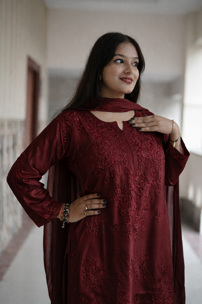 Maroon Masleen Kurta Palazzo Dupatta Set  | Handcrafted Chikankari Kurti & Palazzo Set | Varnika Exclusive Chikan