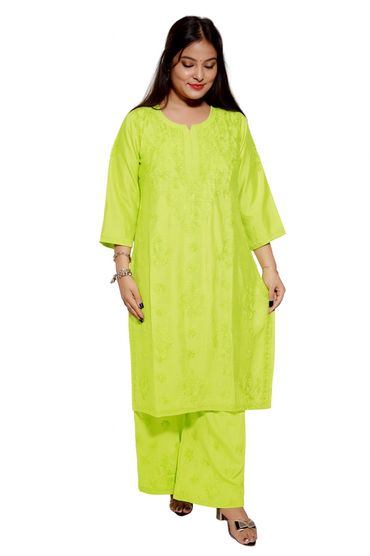 Pista Green Chanderi Kurta Set with Palazzo | Handcrafted Chikankari Embroidery | Varnika Exclusive Chikan (Copy)