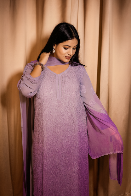 Lavender Viscose Hand-Embroidered Chikankari Kurta Palazzo Dupatta Set | Varnika Exclusive Chikan