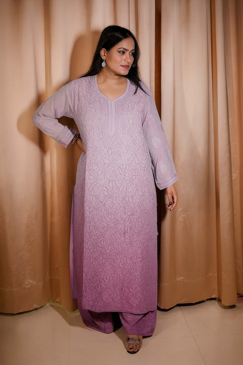 Lavender Viscose Hand-Embroidered Chikankari Kurta Palazzo Dupatta Set | Varnika Exclusive Chikan