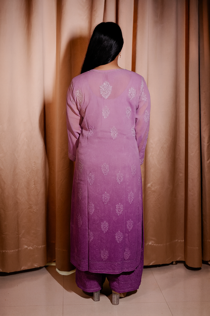 Lavender Viscose Hand-Embroidered Chikankari Kurta Palazzo Dupatta Set | Varnika Exclusive Chikan