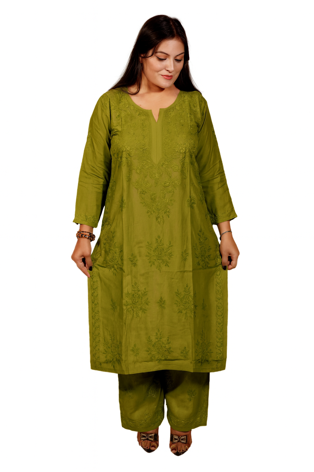 Olive Green Masleen Kurta Palazzo Dupatta Set  | Handcrafted Chikankari Kurti & Palazzo Set | Varnika Exclusive Chikan