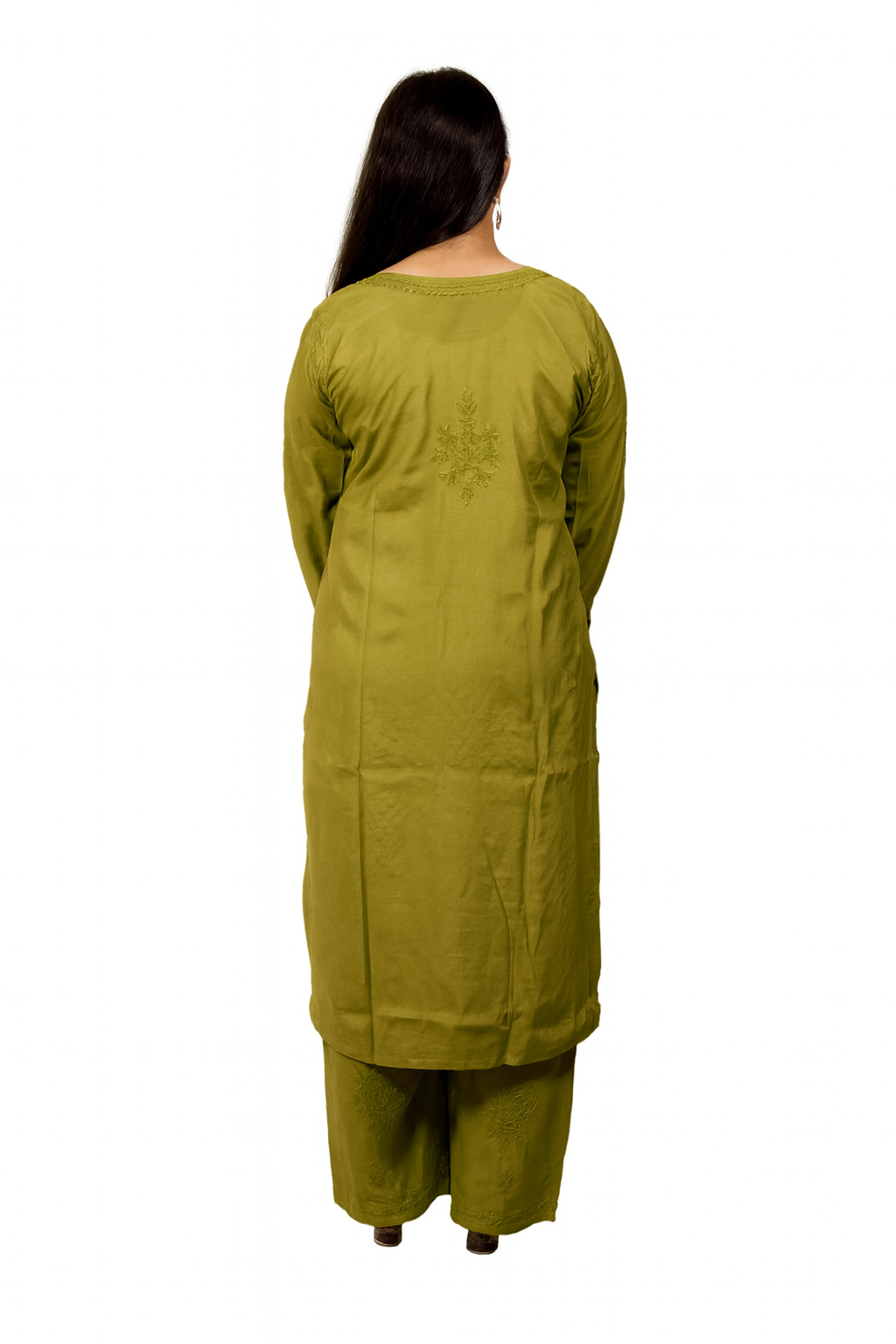 Olive Green Masleen Kurta Palazzo Dupatta Set  | Handcrafted Chikankari Kurti & Palazzo Set | Varnika Exclusive Chikan