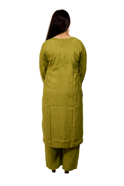 Olive Green Masleen Kurta Palazzo Dupatta Set  | Handcrafted Chikankari Kurti & Palazzo Set | Varnika Exclusive Chikan