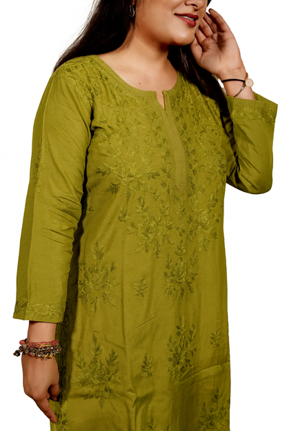 Olive Green Masleen Kurta Palazzo Dupatta Set  | Handcrafted Chikankari Kurti & Palazzo Set | Varnika Exclusive Chikan