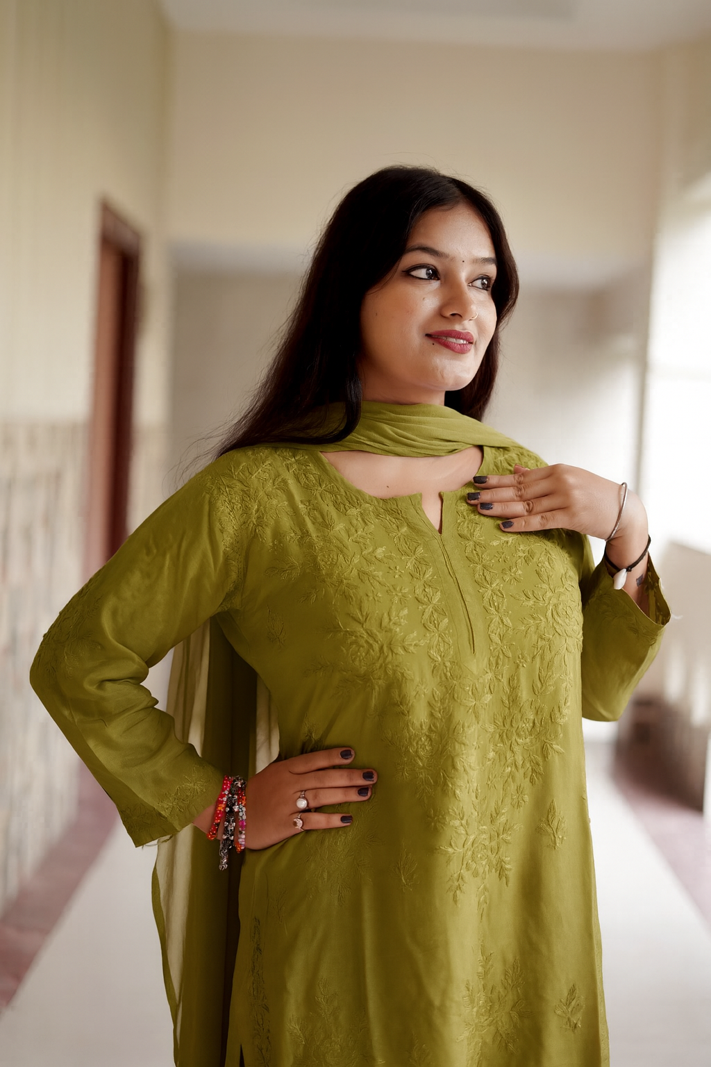 Olive Green Masleen Kurta Palazzo Dupatta Set  | Handcrafted Chikankari Kurti & Palazzo Set | Varnika Exclusive Chikan