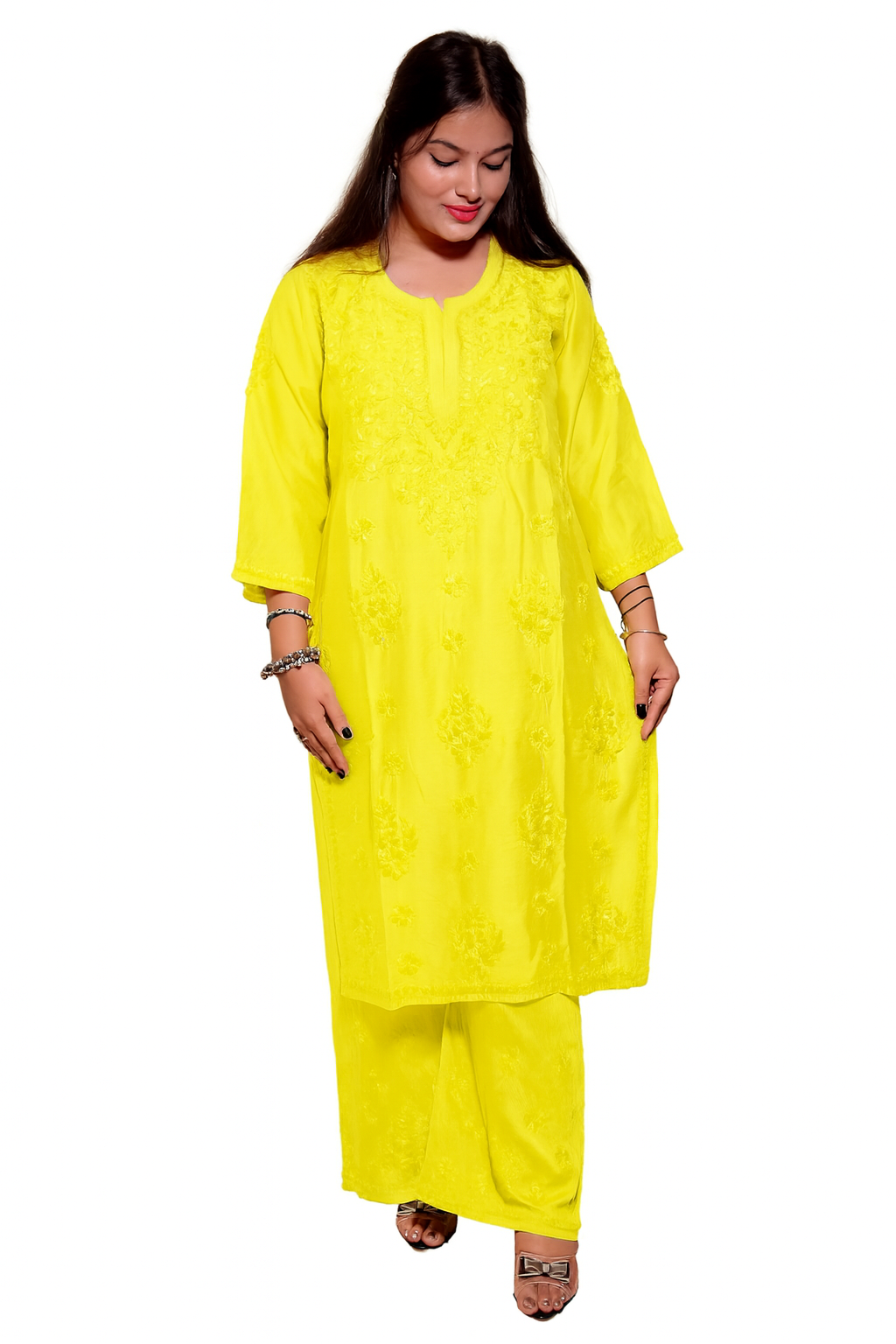 Mustard Yellow Chanderi Kurta Set with Palazzo | Handcrafted Chikankari Embroidery | Varnika Exclusive Chikan