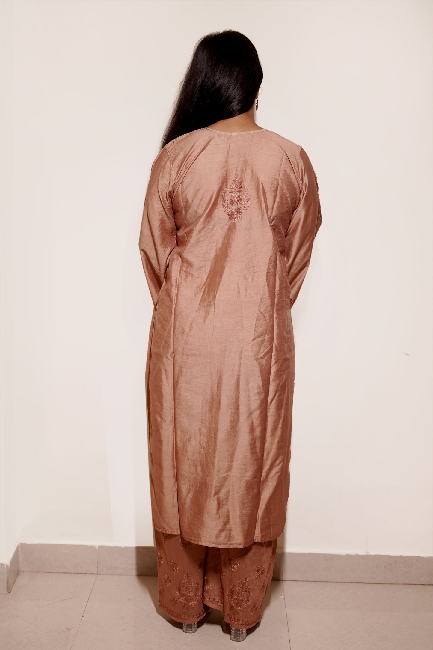 Copper Brown Chanderi Kurta Set with Palazzo | Handcrafted Chikankari Embroidery | Varnika Exclusive Chikan