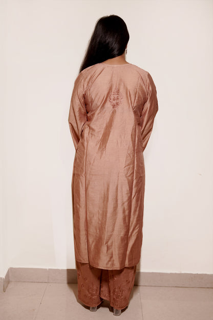 Copper Brown Chanderi Kurta Set with Palazzo | Handcrafted Chikankari Embroidery | Varnika Exclusive Chikan