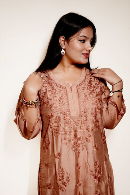 Copper Brown Chanderi Kurta Set with Palazzo | Handcrafted Chikankari Embroidery | Varnika Exclusive Chikan