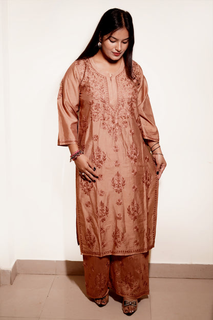 Copper Brown Chanderi Kurta Set with Palazzo | Handcrafted Chikankari Embroidery | Varnika Exclusive Chikan