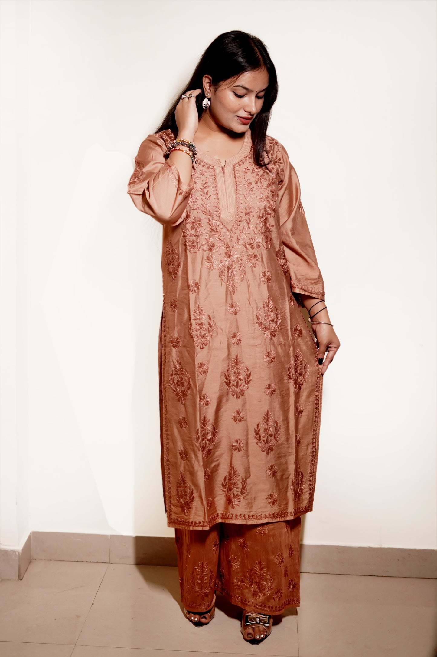 Copper Brown Chanderi Kurta Set with Palazzo | Handcrafted Chikankari Embroidery | Varnika Exclusive Chikan
