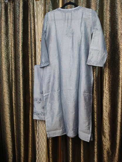 Dark Grey Chanderi Kurta Set with Palazzo | Handcrafted Chikankari Embroidery | Varnika Exclusive Chikan