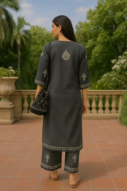 Grey Rayon Chikankari Kurta Set with Ghaspatti & Phanda Embroidery | Varnika Exclusive Chikan