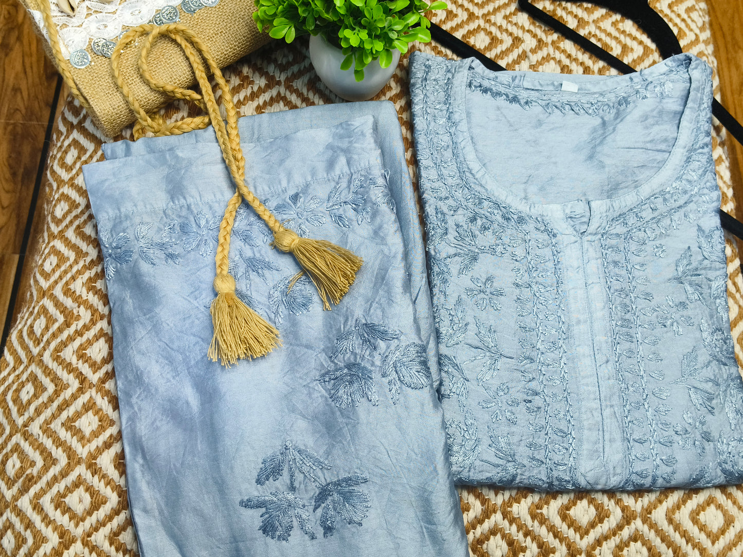 Dark Grey Chanderi Kurta Set with Palazzo | Handcrafted Chikankari Embroidery | Varnika Exclusive Chikan