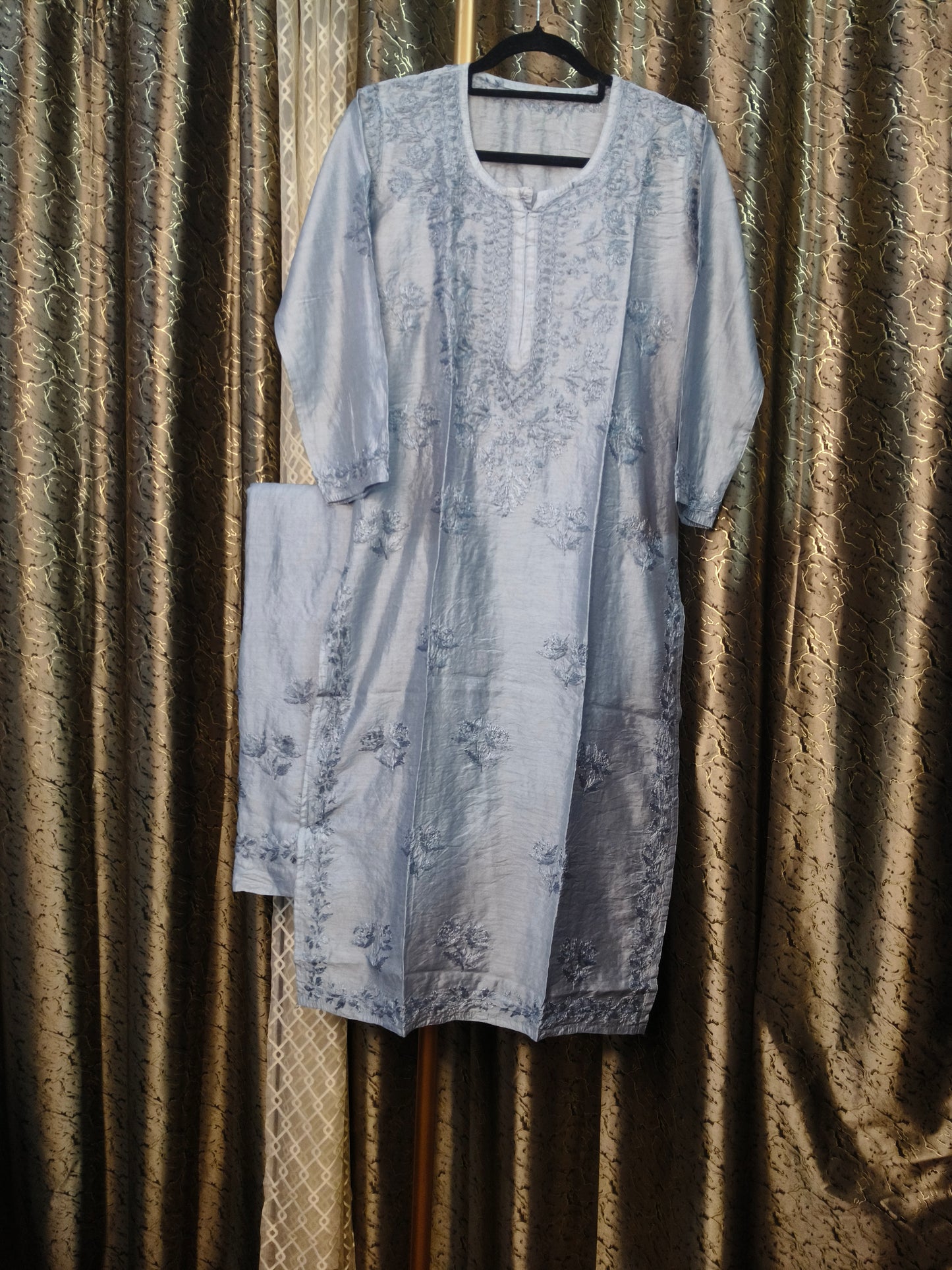 Dark Grey Chanderi Kurta Set with Palazzo | Handcrafted Chikankari Embroidery | Varnika Exclusive Chikan