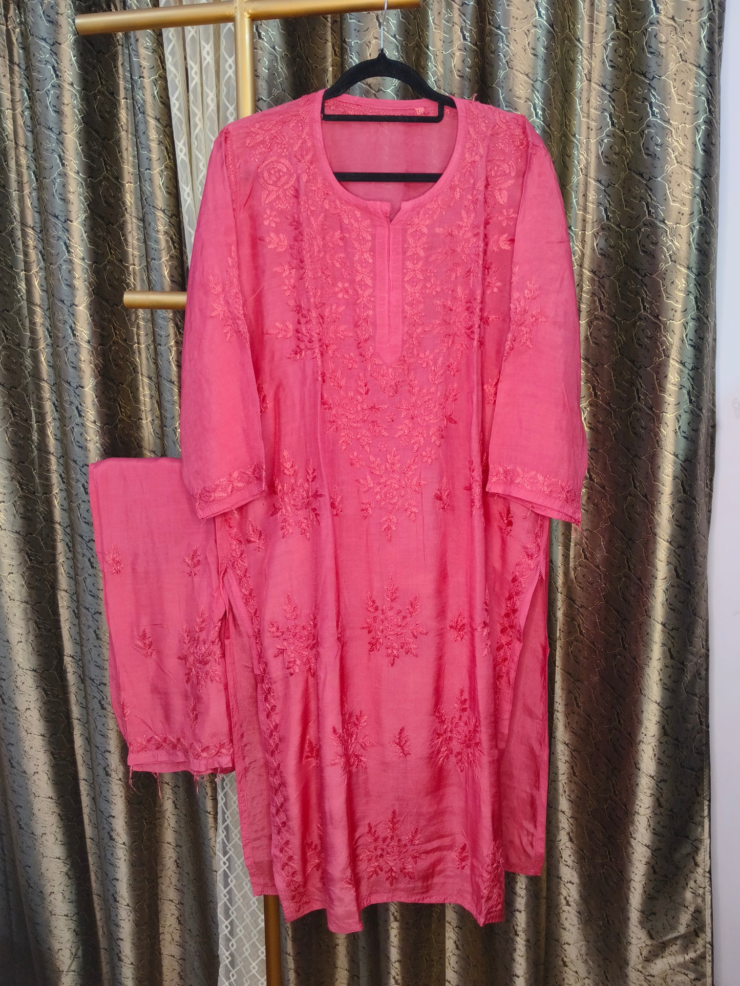 Hot Pink Masleen Kurta Set with Palazzo | Handcrafted Chikankari Kurti & Palazzo Set | Varnika Exclusive Chikan