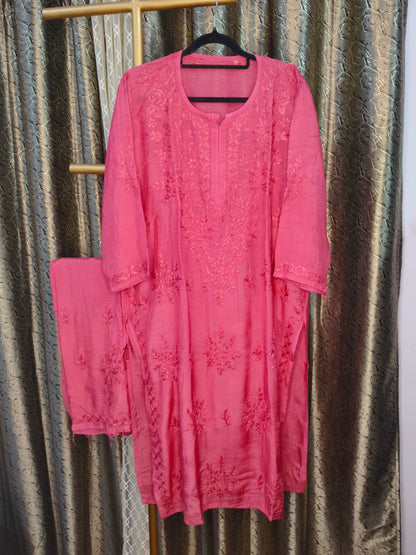 Hot Pink Masleen Kurta Set with Palazzo | Handcrafted Chikankari Kurti & Palazzo Set | Varnika Exclusive Chikan
