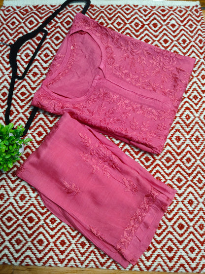 Hot Pink Masleen Kurta Set with Palazzo | Handcrafted Chikankari Kurti & Palazzo Set | Varnika Exclusive Chikan