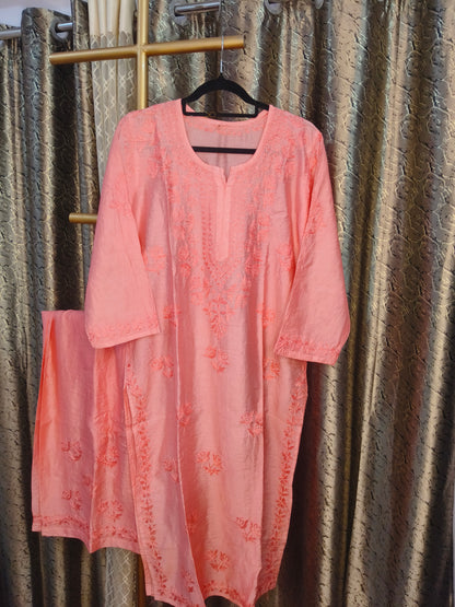 Dark Pink Chanderi Kurta Set with Palazzo | Handcrafted Chikankari Embroidery | Varnika Exclusive Chikan