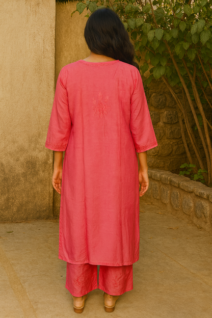 Hot Pink Masleen Kurta Set with Palazzo | Handcrafted Chikankari Kurti & Palazzo Set | Varnika Exclusive Chikan