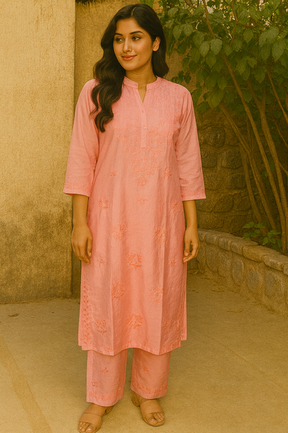Dark Pink Chanderi Kurta Set with Palazzo | Handcrafted Chikankari Embroidery | Varnika Exclusive Chikan