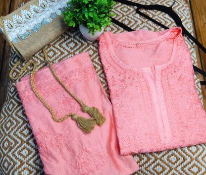 Dark Pink Chanderi Kurta Set with Palazzo | Handcrafted Chikankari Embroidery | Varnika Exclusive Chikan
