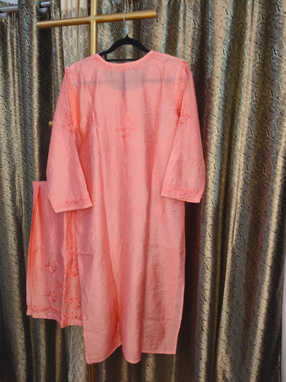 Dark Pink Chanderi Kurta Set with Palazzo | Handcrafted Chikankari Embroidery | Varnika Exclusive Chikan