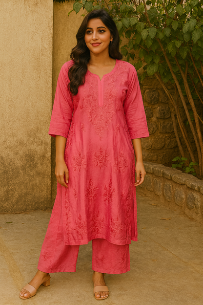 Hot Pink Masleen Kurta Set with Palazzo | Handcrafted Chikankari Kurti & Palazzo Set | Varnika Exclusive Chikan
