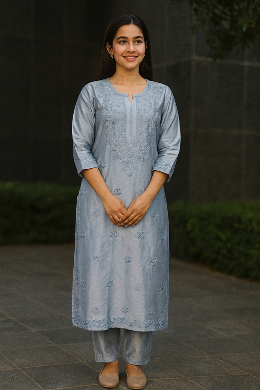 Dark Grey Chanderi Kurta Set with Palazzo | Handcrafted Chikankari Embroidery | Varnika Exclusive Chikan