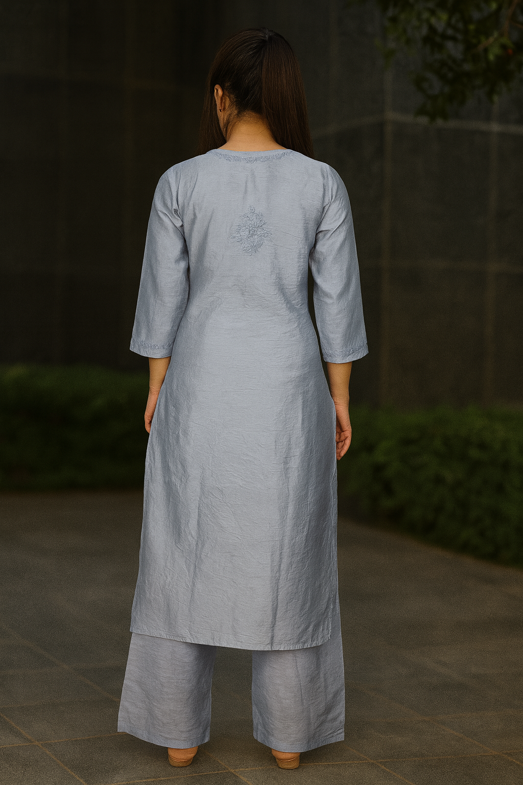 Dark Grey Chanderi Kurta Set with Palazzo | Handcrafted Chikankari Embroidery | Varnika Exclusive Chikan