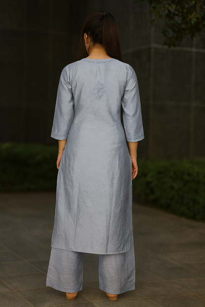Dark Grey Chanderi Kurta Set with Palazzo | Handcrafted Chikankari Embroidery | Varnika Exclusive Chikan