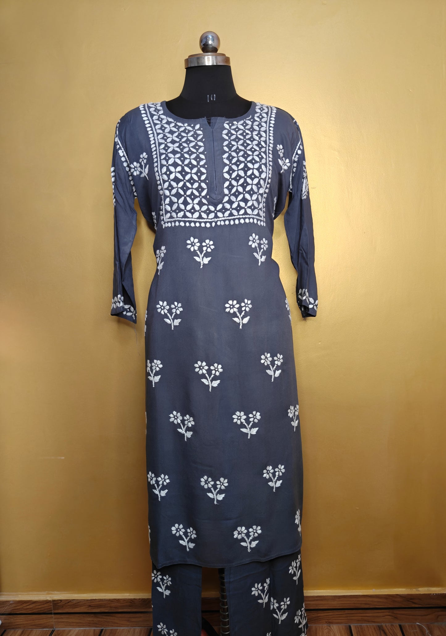 Grey Rayon Chikankari Kurta Set with Ghaspatti & Phanda Embroidery | Varnika Exclusive Chikan
