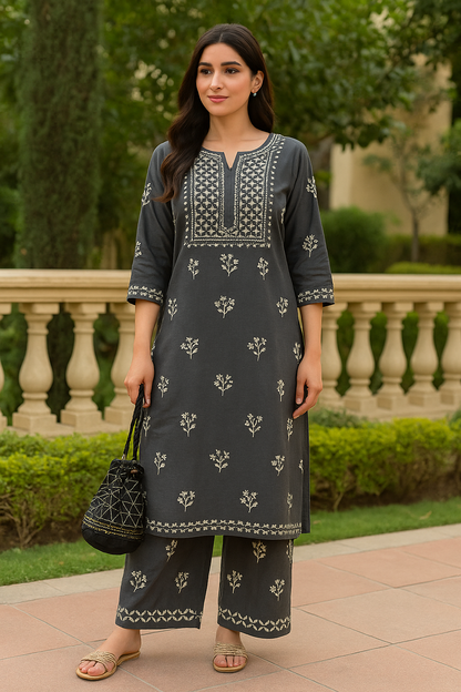 Black Rayon Chikankari Kurta Set with Ghaspatti & Phanda Embroidery | Varnika Exclusive Chikan