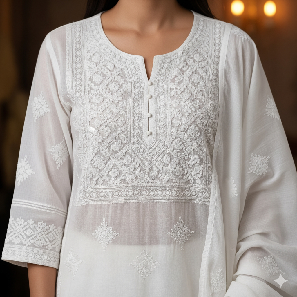 Hand Embroidered Chikankari Cotton Kurti – White Lucknowi Work