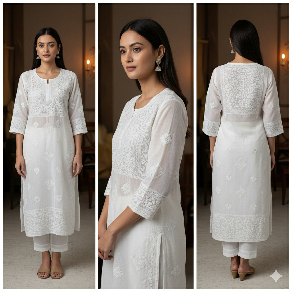 Hand Embroidered Chikankari Cotton Kurti – White Lucknowi Work